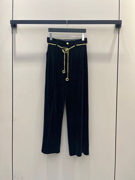 

fashion 2023 velvet casual ladies black pants women gold chain belt thicken high waist wide leg pant trousers, Black;white