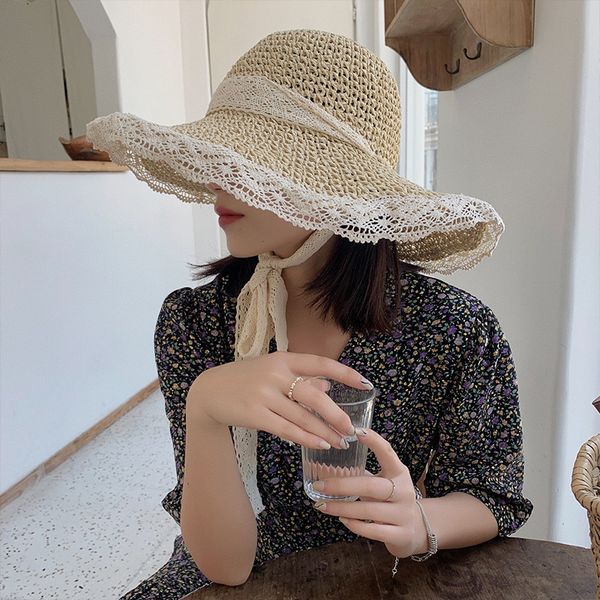 

wide brim hats bucket hats omea summer straw hat lace beach hats women korean windproof rope travel wide brim sun hat elegant lolita bucket, Blue;gray