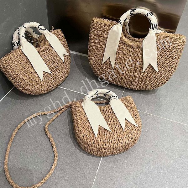 

women straw woven handbag scarf moon style holiday handheld tote bag with dust bag