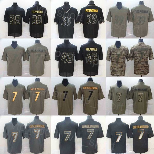 

mens football 43 troy polamalu jerseys 7 ben roethlisberger 22 najee harris 39 minkah fitzpatrick for sport fans army green salute to servic, Black;red