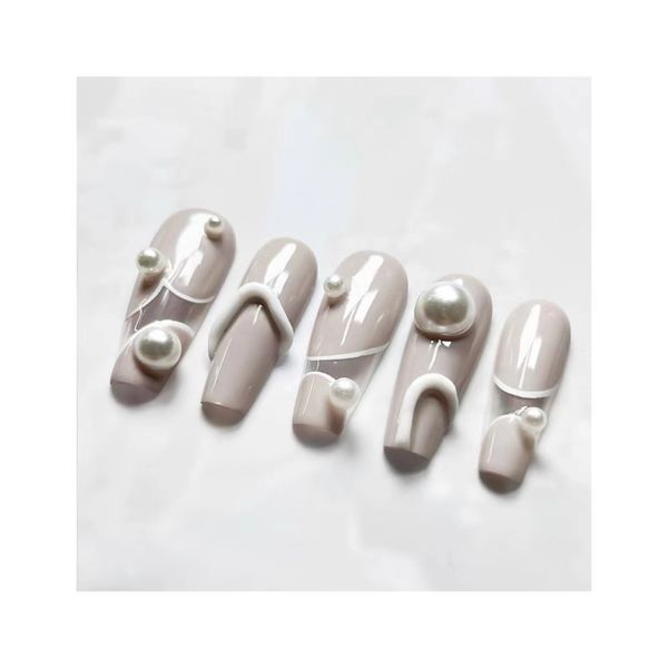 

wearing nail, pearl pink nail enhancement, three-dimensional line long ladder, advanced handmade nail enhancement, Red;gold