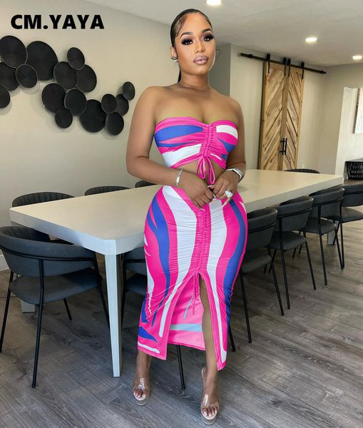 

two piece dress cm.yaya summer women fashion set print strapless sleeveless elastic skirt suits 2 piece set night club outfits 230816, White