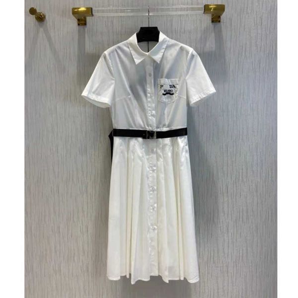 

miu embroidery dress designer short sleeved shirt skirt white fashion long skirts slim belt waist dresses luxury brand ladies clothing, Black;gray