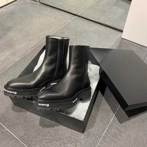 

king boots women's new spring letter thick bottom side zipper martin boots british wind tube boots short boots leather, Black