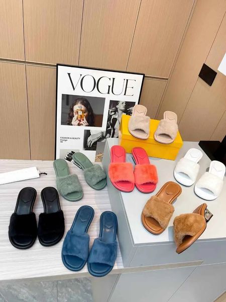 

brand womens shoes slipper heeled f-baguette sandal slide mink fur wool leather fur sandals low-heel cutout metal block heel genuine leather, Black