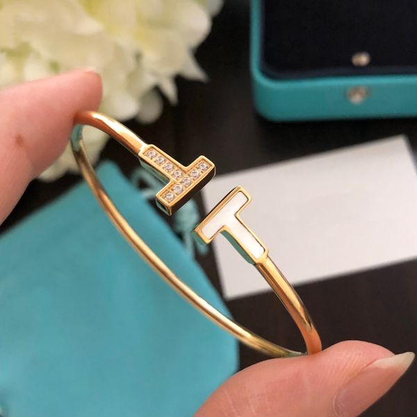 

designer 18k gold women's bracelet premium full diamond rose gold 925 silver opening letter t bracelet wedding jewelry gift, Black