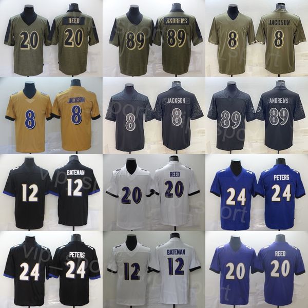 

mans football 24 marcus peters jersey 20 ed reed 89 mark andrews 8 lamar jackson army green salute to service uniform stitched black purple, Black;red