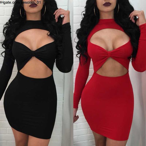 

bodycon dress mini summer dresses black red women o neck with long sleeve hip hollow out evening dress for lady, White;black