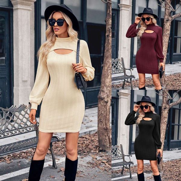 

2033 autumn womens casual hollow pure color long sleeve dress, Black;gray