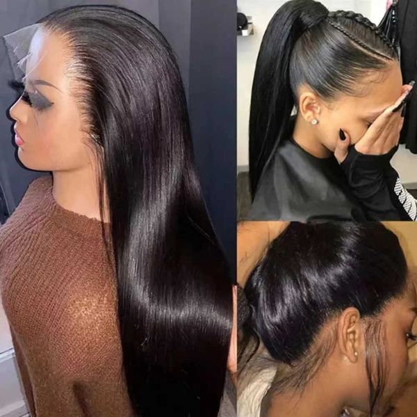 

handwoven front lace wig with long straight hair human hair wigs 13 4 lace wig sets 230816, Black