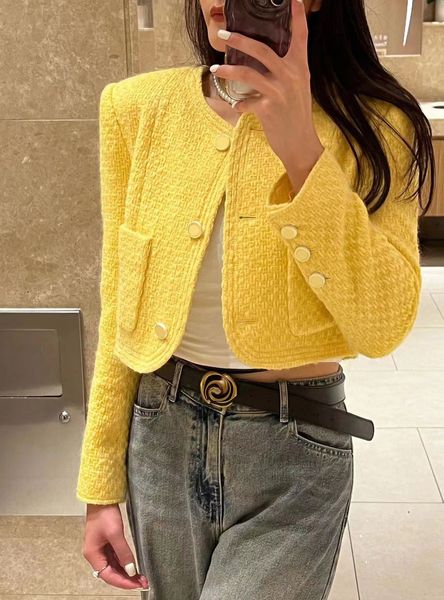 

fashion 2023 design spring autumn short jacket women o-neck pockets solid tweed blazer elegant lady single-breasted coat long sleeve, Black;brown
