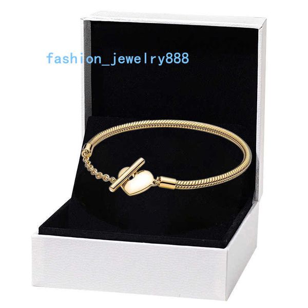 

gold plated heart t-bar snake chain bracelet for pandora real silver wedding designer jewelry for women girlfriend gift hand chain love brac, Golden;silver