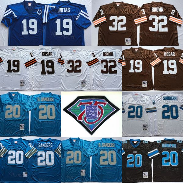 

retro 1964 1986 football 32 jim brown jerseys 19 bernie kosar 19 johnny unitas jersey 20 barry sanders man vintage white blue black all stit, Black;red