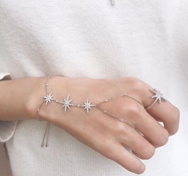 

charm bracelets unique design david star chain bracelet connected finger ring bangle bracelets for women linked hand zircon jewelry gifts zk, Golden;silver