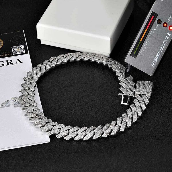 

pass diamond tester iced out vvs moissianite fine jewelry s sterling sier 20mm 3 rows prong cuban link chain necklace, Silver