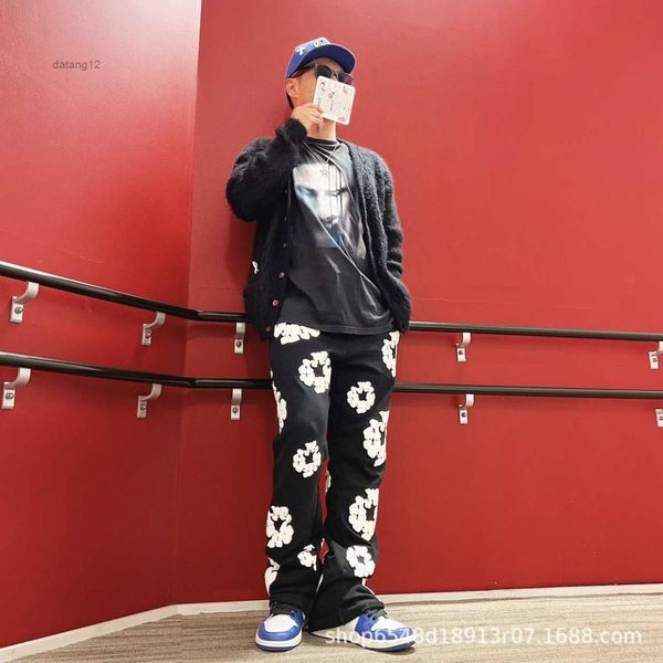 

men's autumn and winter pants readymade foam flower co branded denim tears women puff printed distressed pullover cap embroidery white, Black