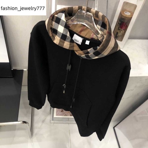 

bby hoody designer hoodie tide brand burb hooded sweater classic plaid stitching loose os pullover men women hoodies fashion cotton jacket, Black