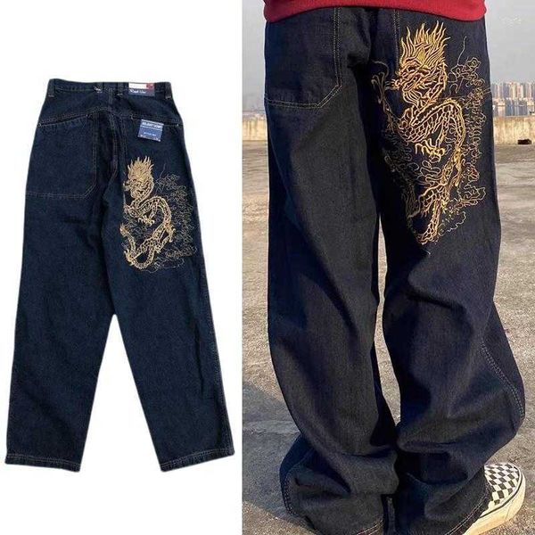 

jeans vintage embroidered dragon print oversized y2k pants hip hop streetwear wide leg skateboard holes, Blue