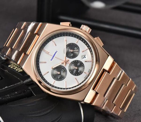 

popular mens full functional satch watches solid fine stainless steel belt clock quartz movement chronograph sub dial working three eyes dia, Slivery;brown