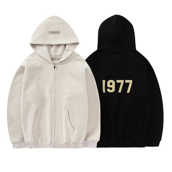 

ess hoodie fog essentials trendy brand flocking 1977 zippered jacket with plush hooded sweater for men and women, Black