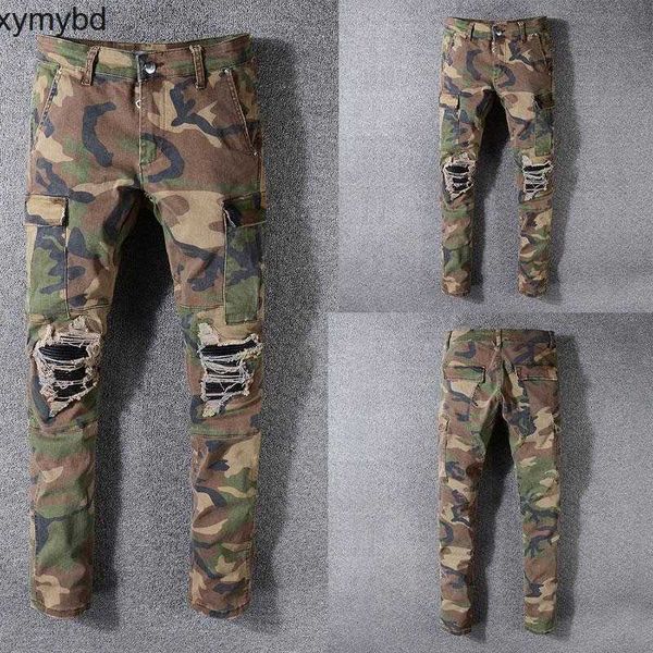 

men's jeans italian style men jeans army green camouflage patchwork casual pants slim fit brand streetwear stretch biker, Blue