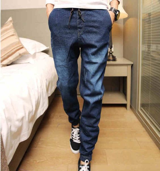 

wholemens denim jeans men drawstring slim fit denim joggers mens joggers jeans stretch elastic jean pencil pants casual7671927, Blue