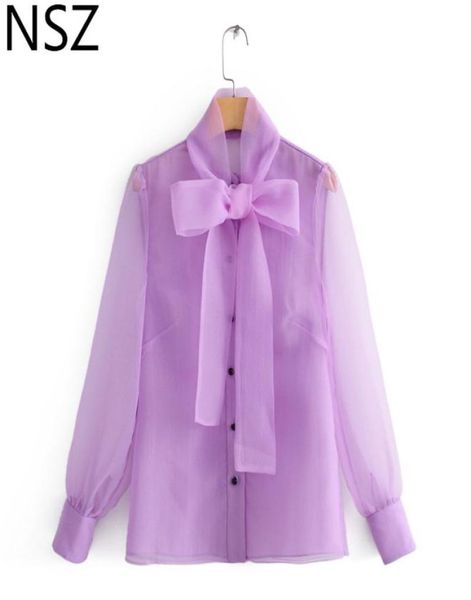 

nsz women organza blouse transparent tulle shirt sheer see through bow tie neck ladies office blusas camisas purple y200401909347, White