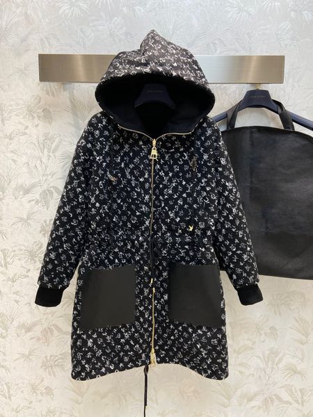 

2023 women's long jackets designer women autumn winter reversible hooded coat jackets zip up leather pocket long sleeve warm black fash