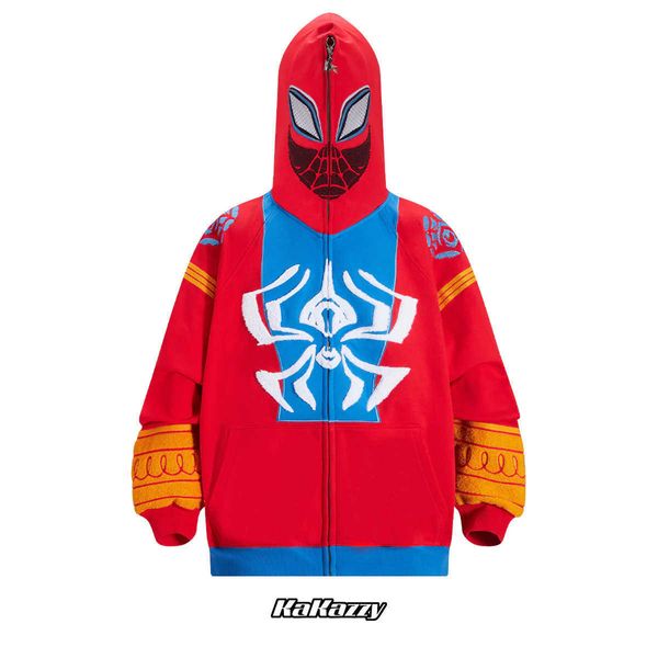 

spider man warsuit full zip hoodie eyes hollowed out and visible hooded autumn winter american street trend jacket i45d, Black