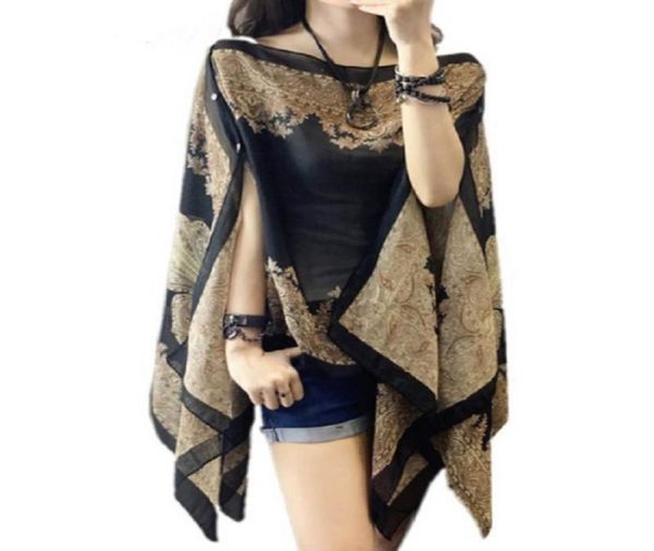 

women blouses summer slash neck irregular hollow out casual chiffon shirt beachwear cover up loose printing sunproof7933604, White