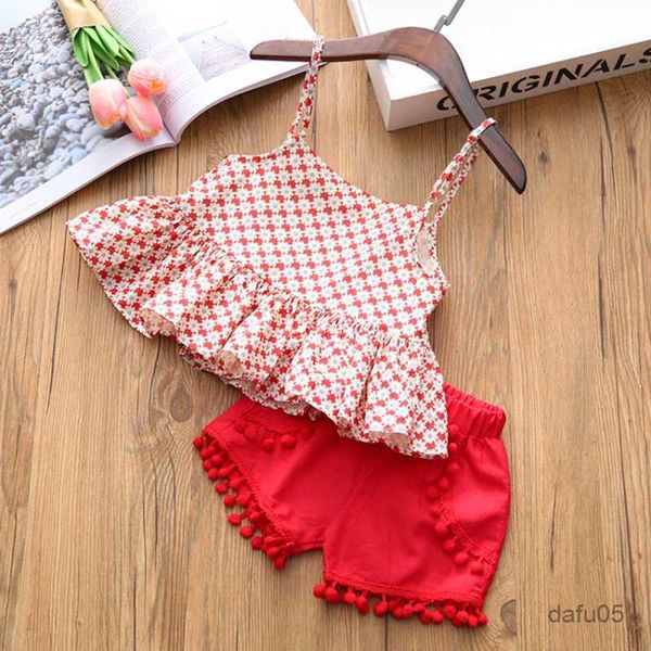 

clothing sets new summer girls clothing set sweet lotus leaf flower suspender skirt tassel shorts 2pcs suits cute baby kids clothes r230816, White