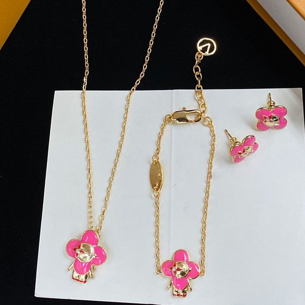 

women luxury jewelry set 18k gold plated ornate necklace bracelet earrings branded classic glazed flower pendant headdress set, Black