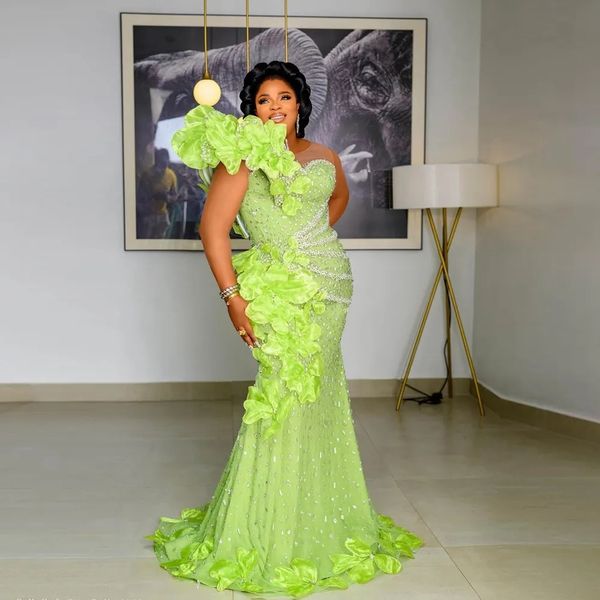 

green 3d flowers crystals mermaid evening dress one shoulder tender green beaded lace prom gowns plus size long africa dresses, Black;red