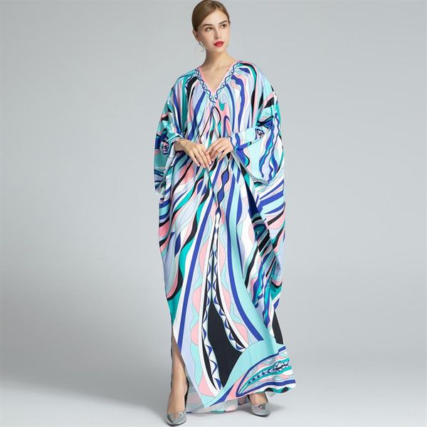 

women's runway dresses v neck batwing sleeves printed knitted loose design long spit fashion dresses306m, Black