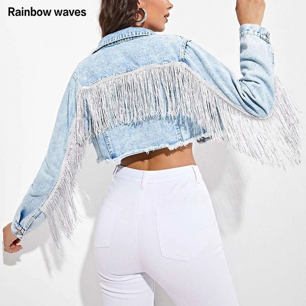 

womens jackets womens denim jackets with fringe long sleeve fashion tassel jacket loose casual streetwear women short coat spring rainbowwav, Black;brown