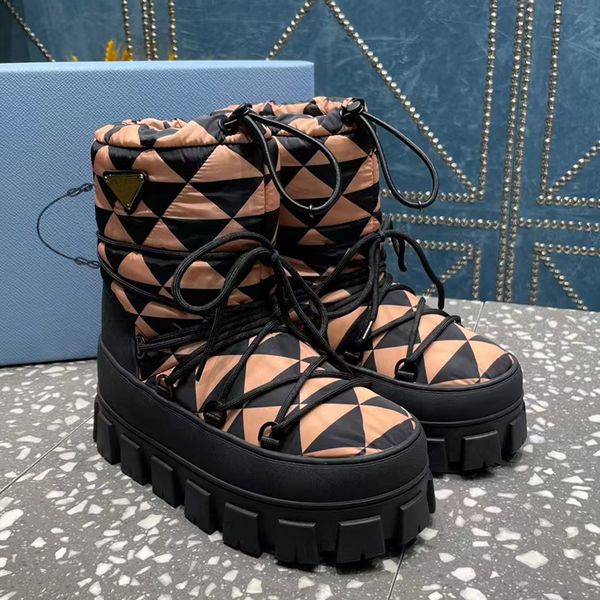 

nylon plaque ankle boots slip-on chunky bottom bootie round toe lace up ski snow boot women's outdoor shoes luxury designer flat bottom, Black