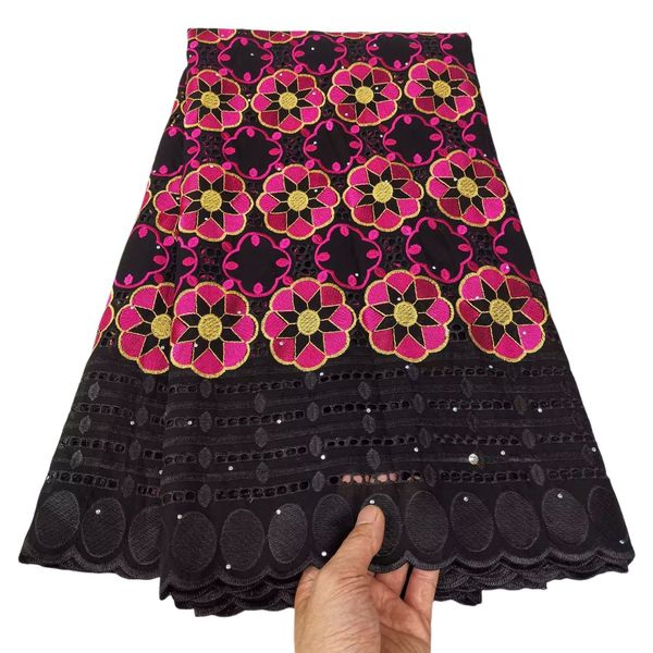 

5 yards embroidery swiss cotton with rhinestones nigerian women wedding white dress textile sewing craft cloth african ladies garment premiu, Black;white