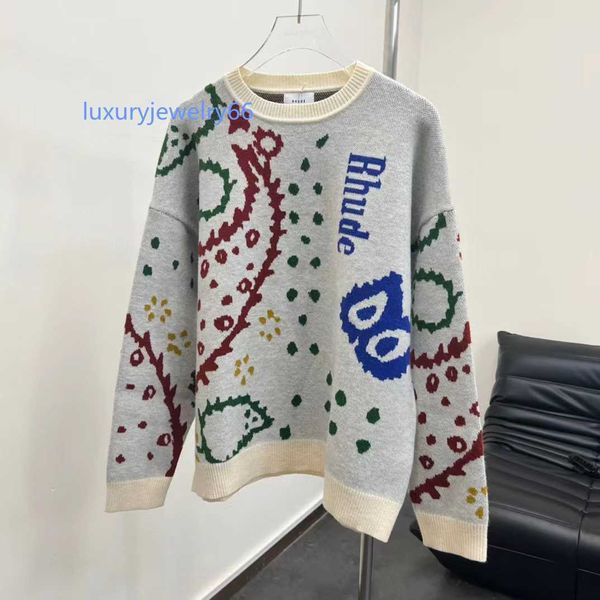 

designer clothing hoodies fashion sweatshirts rhude cashew flower jacquard round neck pullover sweater loose fashion casual knit spring stre, Black