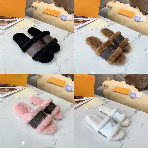 

designer fur slippers women lock it flat mules wool paseo comfort slides winter warm sandals plush furry fluffy scuffs, Black