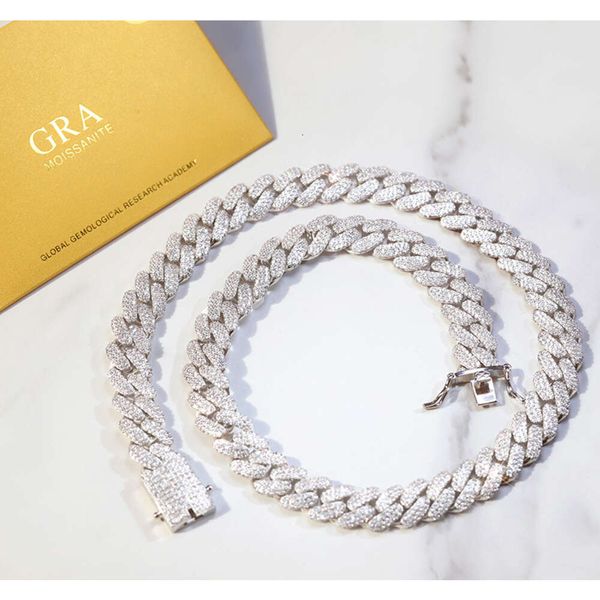 

gra certificate moissanite ice out chain 13mm width 3rows sterling sier necklace men cuban link chain hip hop necklace, Silver