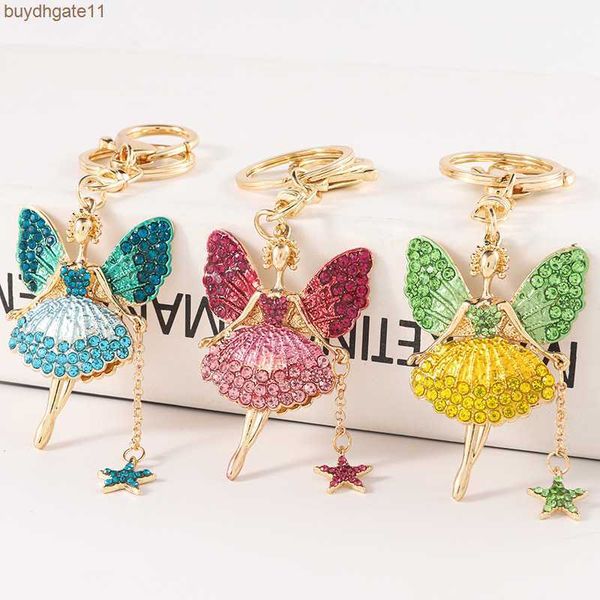 

56o2 key rings creative angel girl keychain rhinestone metal car inlaid diamond pendant ballet girl keychain, Slivery;golden