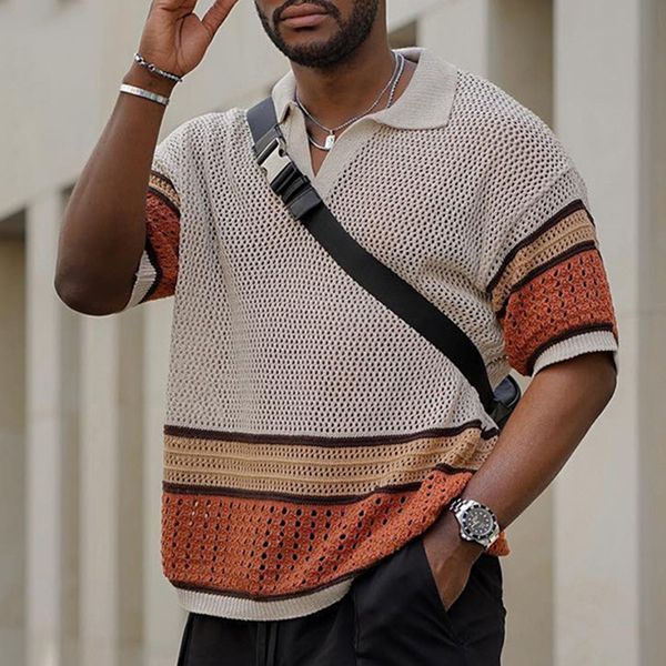 

mens polos knit boho clothing reto polo shirt men short sleeve vintage sweater contrast hollow summer casual t shirts pullover 230815, White;black