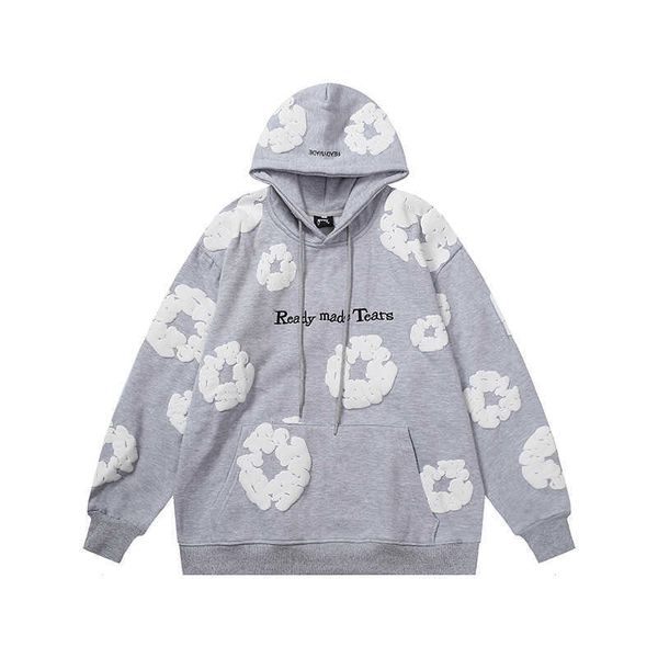 

tears puff men's hoodies winter readymade foam flower co branded denim printed distressed pullover cap embroidery white kapok tidal swe, Black