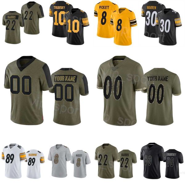 

custom football 30 jaylen warren jerseys 89 gunner olszewski 77 broderick jones 8 kenny pickett 10 mitch trubisky 22 najee harris black whit, Black;red