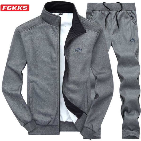 

men's tracksuits fgkks autumn men casual embroidery sets men's jacket pants solid suit sportswear fashion tracksuit set male brand, Gray