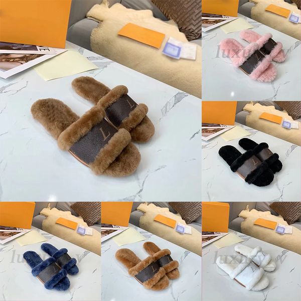 

designer fur slippers women lock it flat mules calfskin wool paseo comfort slides lady winter warm sandals plush furry fluffy scuffs, Black