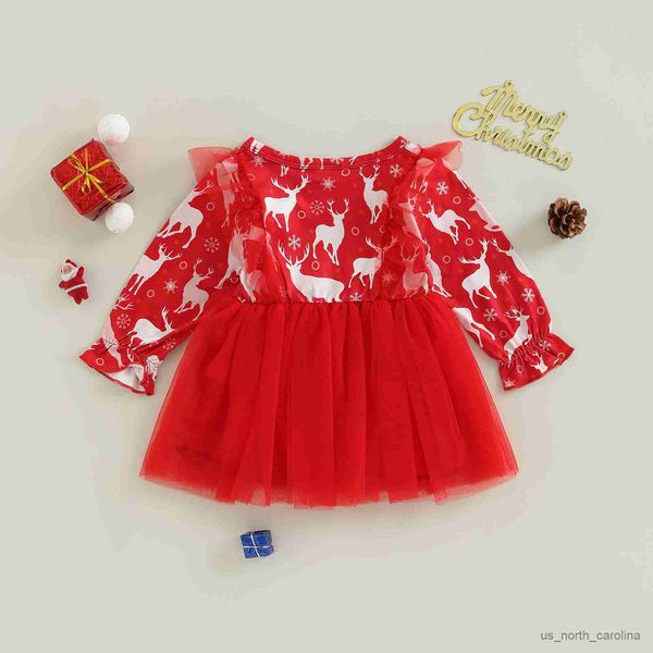 

girl's dresses baby girls christmas dress long sleeve neck print tulle patchwork dress for party r230816, Red;yellow