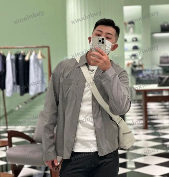 

xinxinbuy men designer coat jacket triangle label patch pocket long sleeve women gray black white khaki m-2xl, Black;brown