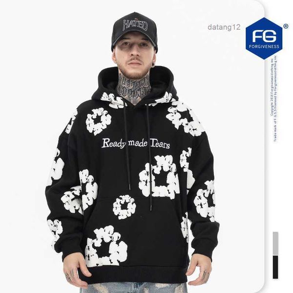 

men's hoodies winter readymade foam flower co branded denim tears women puff printed distressed pullover cap embroidery white kapok tid, Black