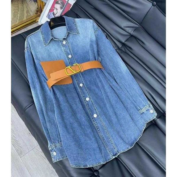 

luxury designer skirt women denim shirt dress classic v-metal buckle belt waist long dress womens a-line denim skirt, White
